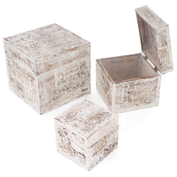 3-teiliges Holzboxen – Set mit Deckel Vintage Look Albacia Wood weiß