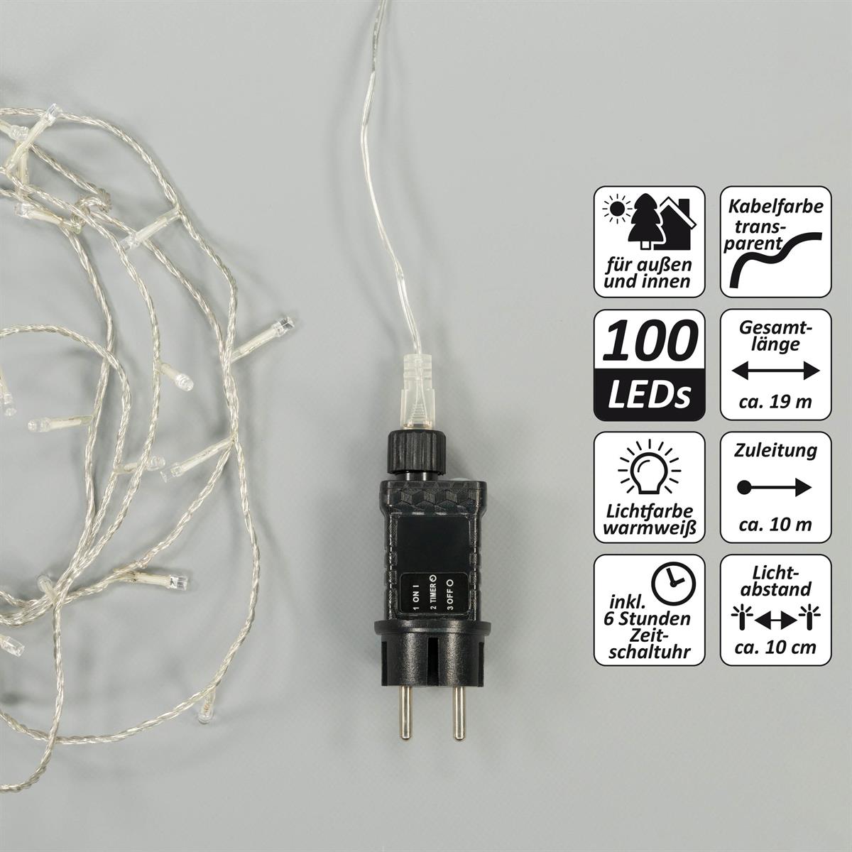 100 LED Lichterkette warmweiß Kabel transparent Innen Außen Trafo Timer