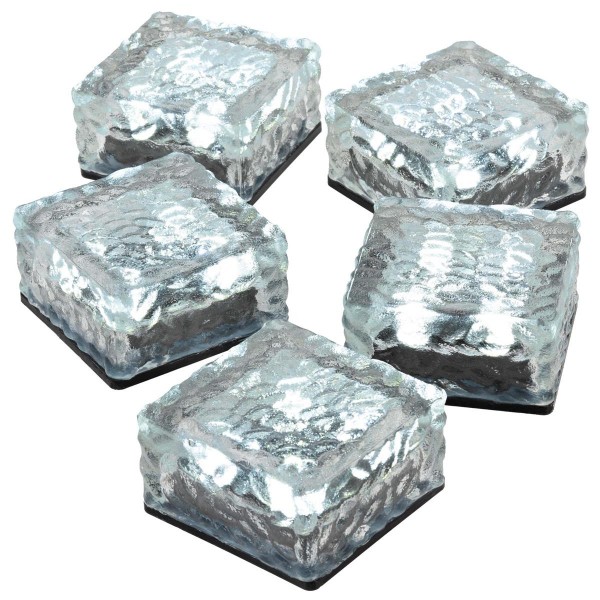 5er Set Solar Glasstein 4 LED weiß 10x10x5 cm Dekoleuchte Milchglas Bodenleuchte