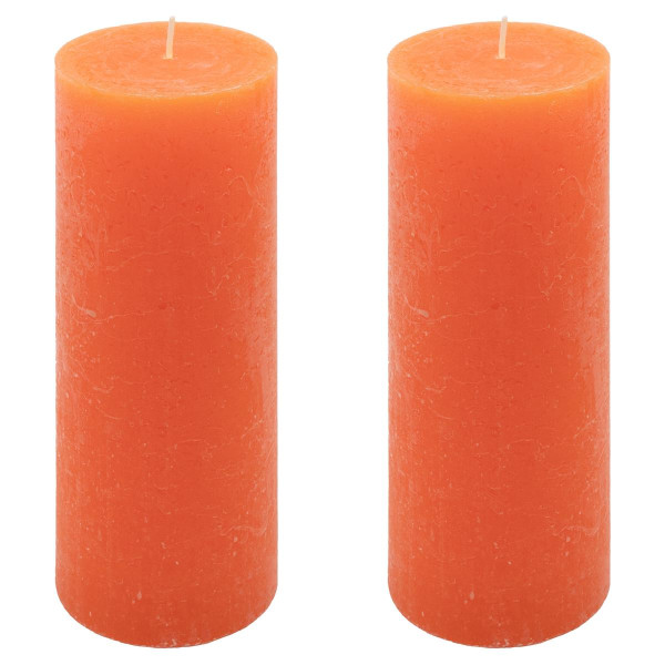 2er Set Rustik-Kerzen orange Höhe 20 cm Ø 7,5 cm lange Brenndauer Rund-Kerze