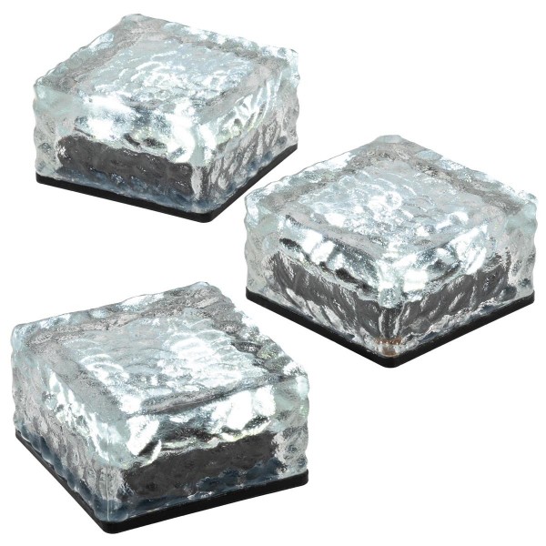 3er Set Solar Glasstein 4 LED weiß 10x10x5 cm Dekoleuchte Milchglas Bodenleuchte